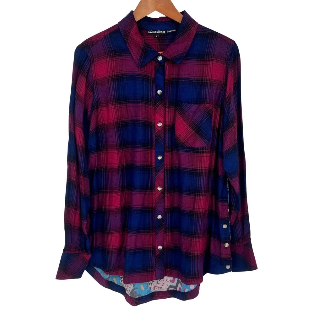 Tolani Collection Womens Button Up Shirt Large Magenta Navy Velvet Eclectic Boho
